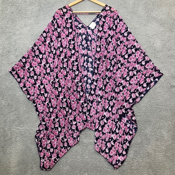 Anthropologie Other - Nymphe Anthropologie Women OS Floral Kimono Wrap Navy Pink Daisy Sheer Cover Up